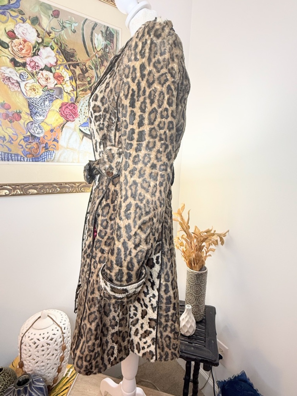 Members Only Leopard Faux Fur Trench Coat Belted XS Mob Wife NWT Flaw - Picture 4 of 13